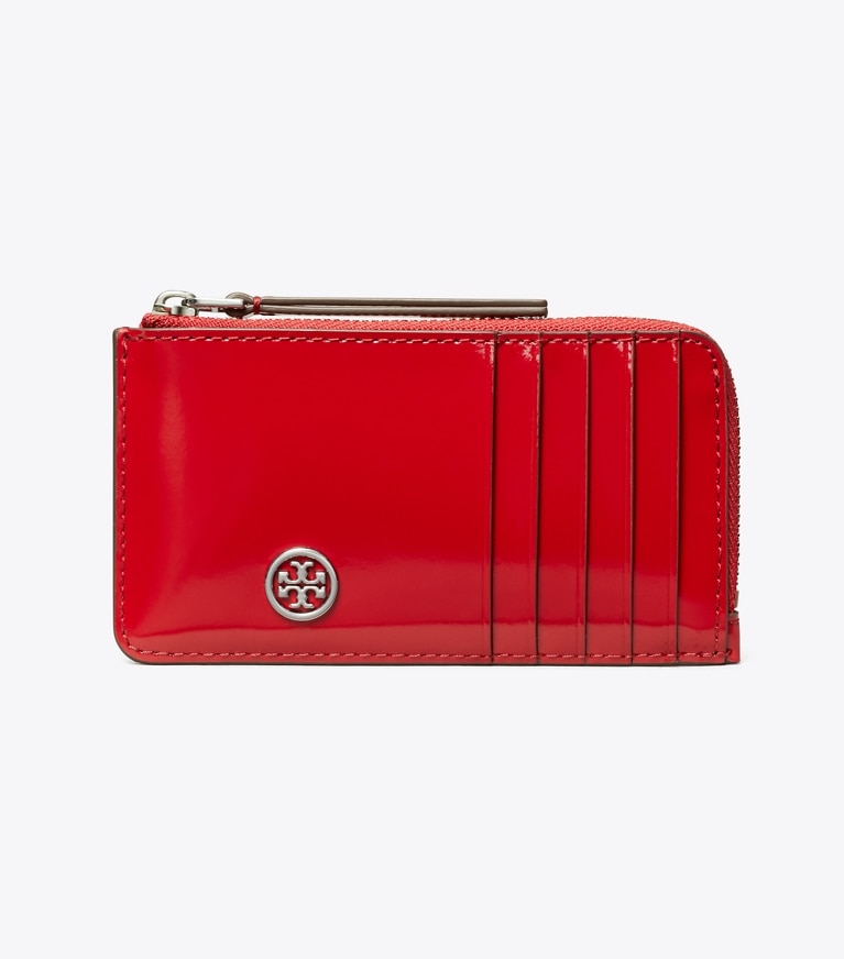 Tory Burch designer card cases Robinson Spazzolato Zip Card Case in Red Sky angle