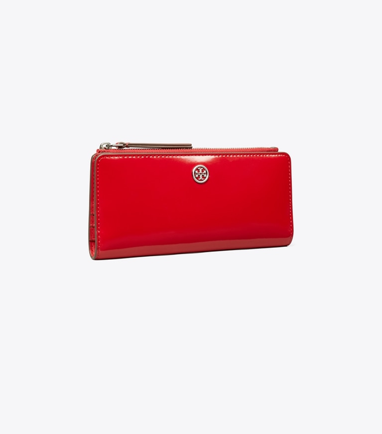 Tory Burch designer wallets Robinson Spazzolato Zip Slim Wallet in Red Sky angle