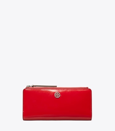 Tory Burch designer wallets Robinson Spazzolato Zip Slim Wallet in Red Sky front