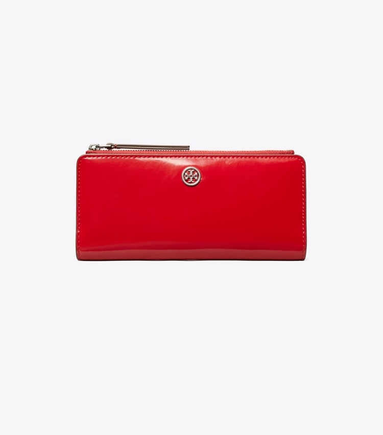 Tory Burch designer wallets Robinson Spazzolato Zip Slim Wallet in Red Sky front