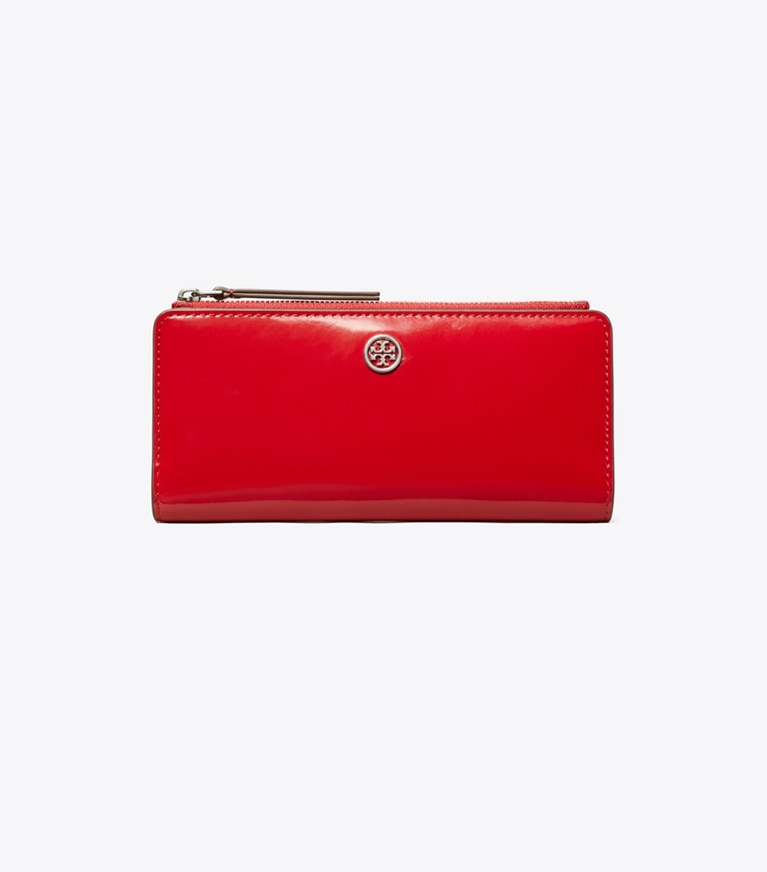 Tory Burch designer wallets Robinson Spazzolato Zip Slim Wallet in Red Sky angle