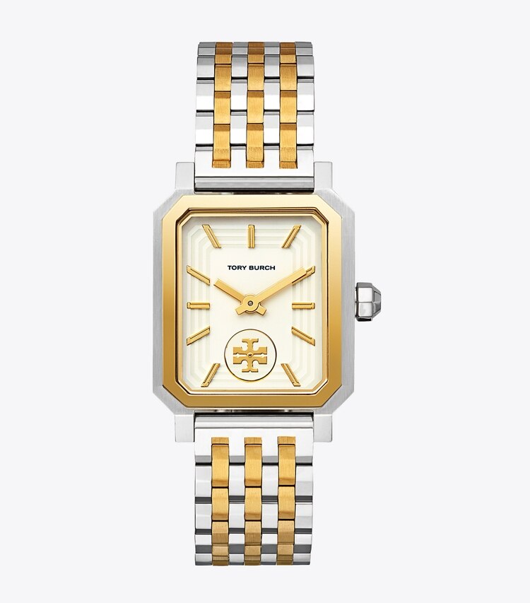 Tory Burch designer strap watches Robinson Watch, Two-Tone Gold/Stainless Steel/Cream, 27 X 29 MM in Gold/Silver front