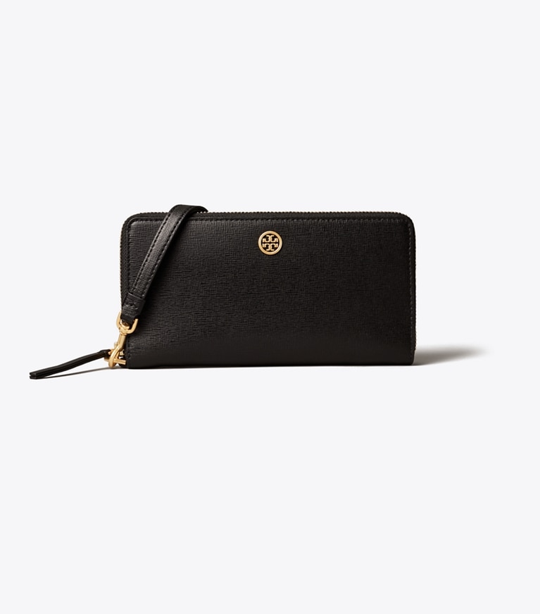Tory Burch designer wallets Robinson Zip Continental Wallet in Black angle