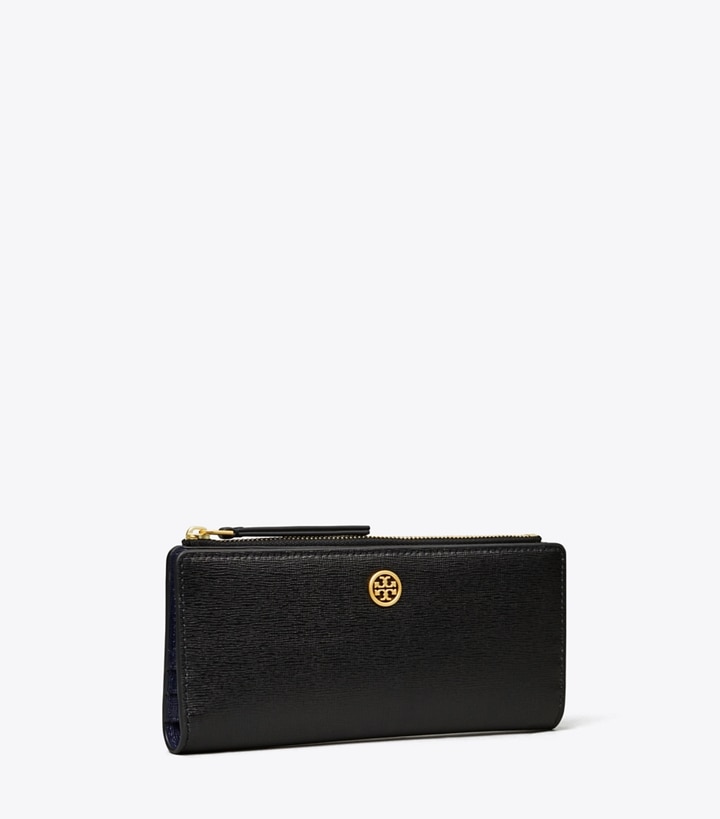 Tory Burch designer wallets Robinson Zip Slim Wallet in Black angle