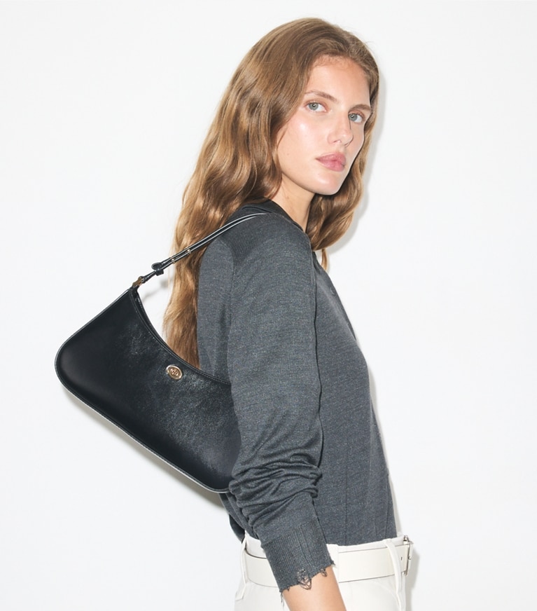 Tory Burch designer shoulder bags Robinson Zip Top Shoulder Bag in Black accessory on model