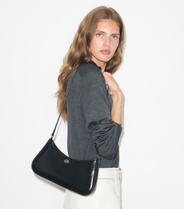 Tory Burch designer shoulder bags Robinson Zip Top Shoulder Bag in Black additional on model