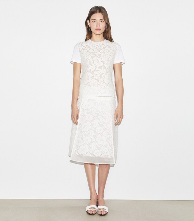Tory Burch designer unterteile Rock aus Kordelspitze in White modell von vorn