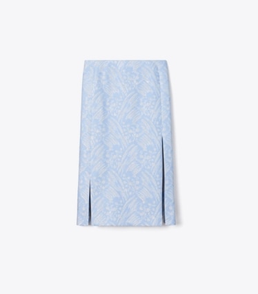 Tory Burch designer unterteile Rock aus Seidenjacquard in Light Blue Wispy Flower front