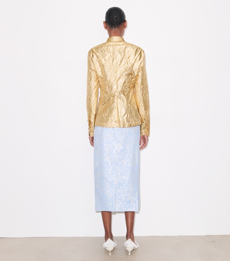 Tory Burch designer unterteile Rock aus Seidenjacquard in Light Blue Wispy Flower on model back