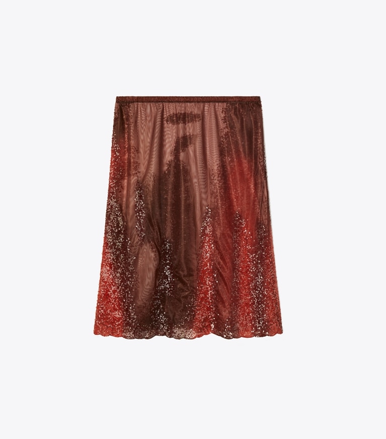 Tory Burch designer unterteile Rock aus verziertem Jerseymesh in Dried Cranberries/Sienna Red front