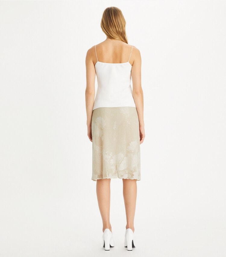 Tory Burch designer unterteile Rock aus verziertem Jerseymesh in Toasted Biscuit on model back
