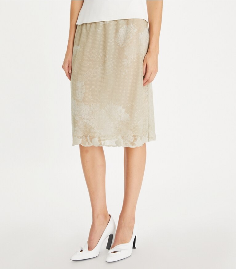 Tory Burch designer unterteile Rock aus verziertem Jerseymesh in Toasted Biscuit front
