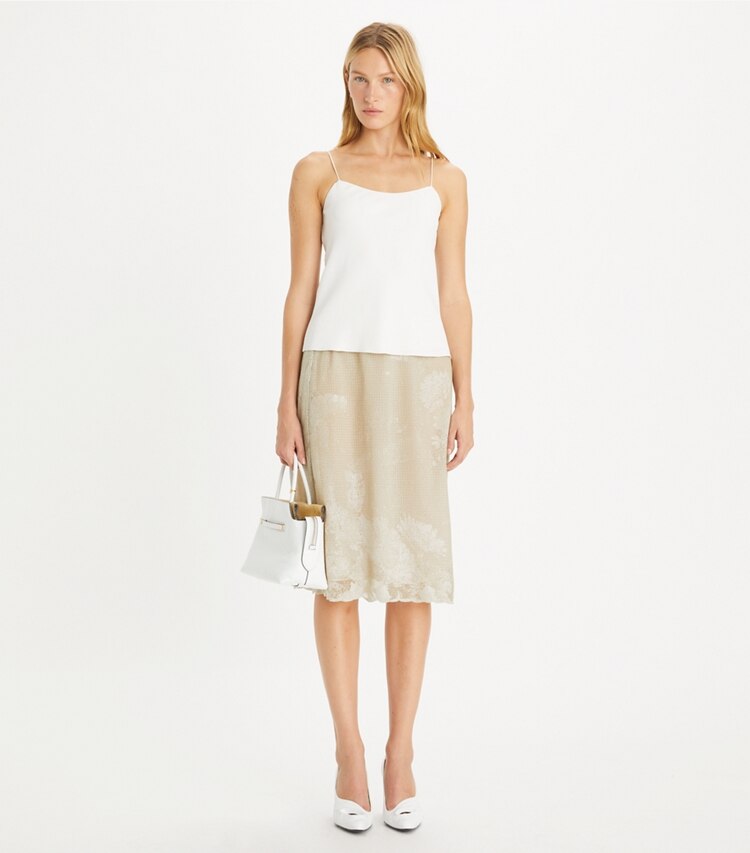 Tory Burch designer unterteile Rock aus verziertem Jerseymesh in Toasted Biscuit modell von vorn