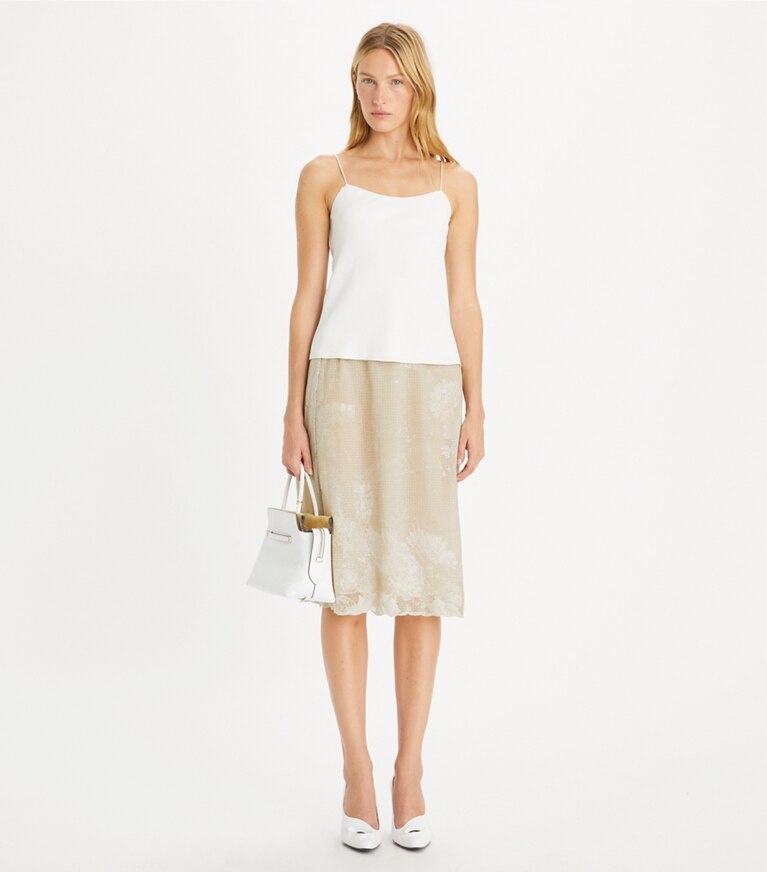 Tory Burch designer unterteile Rock aus verziertem Jerseymesh in Toasted Biscuit front