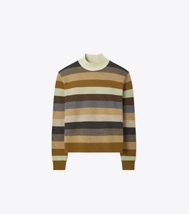 Tory Burch designer strickware Rollkragenpullover aus Merinowolle in Sage Grey Evening Stripe front