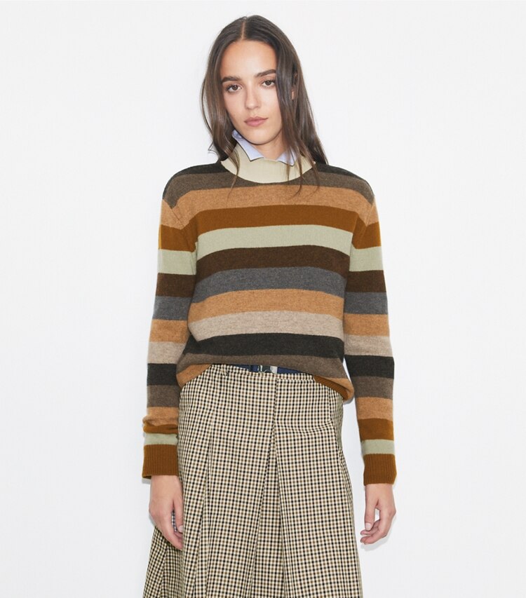 Tory Burch designer strickware Rollkragenpullover aus Merinowolle in Sage Grey Evening Stripe on model detail