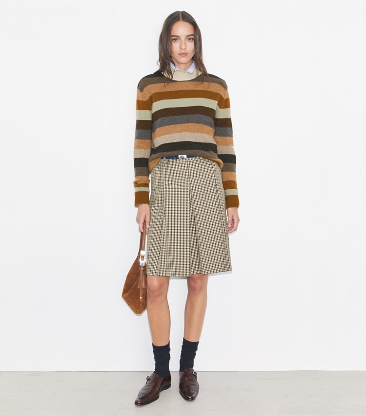 Tory Burch designer strickware Rollkragenpullover aus Merinowolle in Sage Grey Evening Stripe modell von vorn