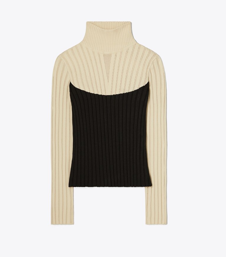 Tory Sport designer strickware Rollkragenpullover in Colorblock-Optik in Sesame / Black front