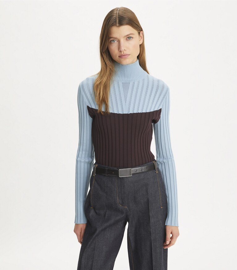 Tory Sport designer strickware Rollkragenpullover in Colorblock-Optik in Seafaring / Dark Eggplant front
