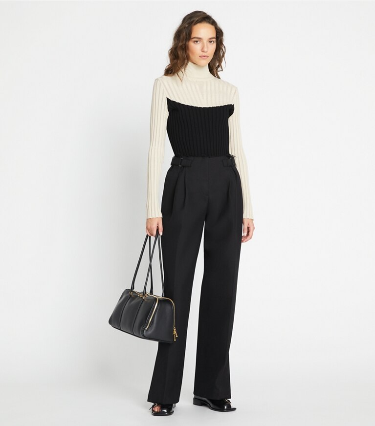 Tory Sport designer strickware Rollkragenpullover in Colorblock-Optik in Sesame / Black front