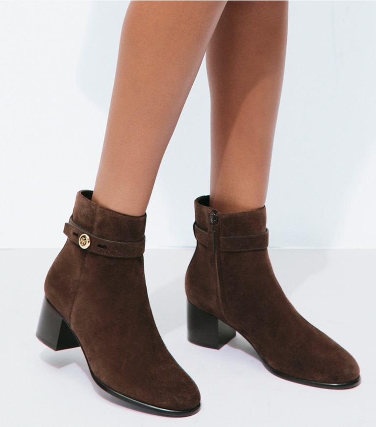 Tory Burch designer ankle boots Romy Ankle Boot in DARK COCOA accessory on model