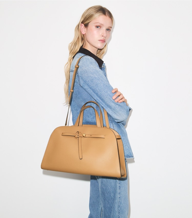Tory Burch designer satchels Romy Bauletto in Tiramisu accessory on model