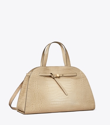 Tory Burch designer sac à main Romy Bauletto embossé croco in Light Hickory angle