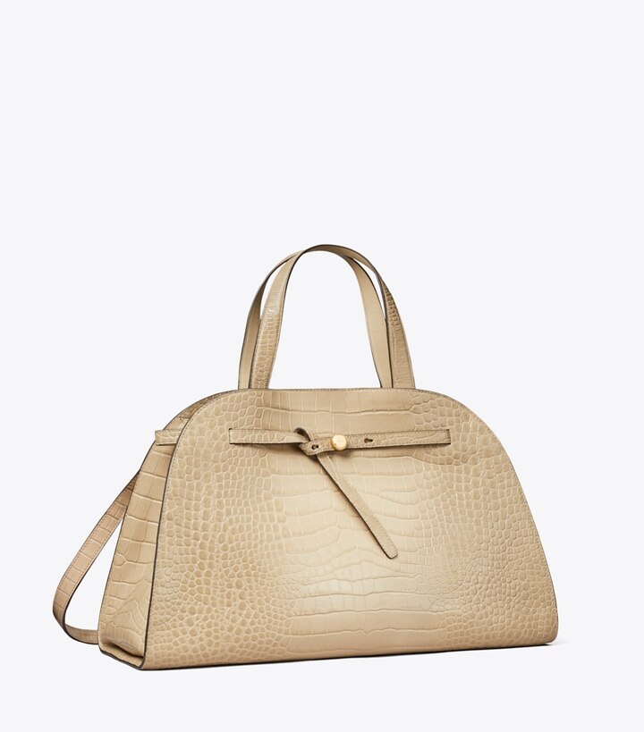 Tory Burch designer sac à main Romy Bauletto embossé croco in Light Hickory angle