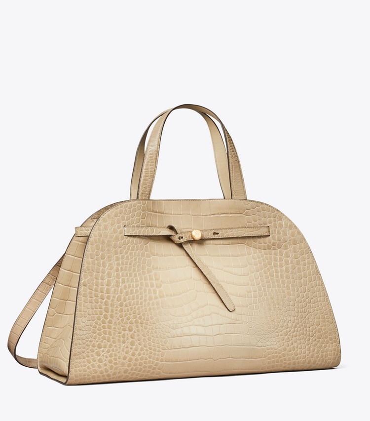 Tory Burch designer sac à main Romy Bauletto embossé croco in Light Hickory angle