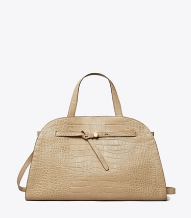 Tory Burch designer sac à main Romy Bauletto embossé croco in Light Hickory front