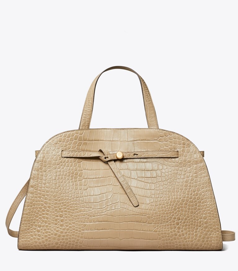 Tory Burch designer sac à main Romy Bauletto embossé croco in Light Hickory front