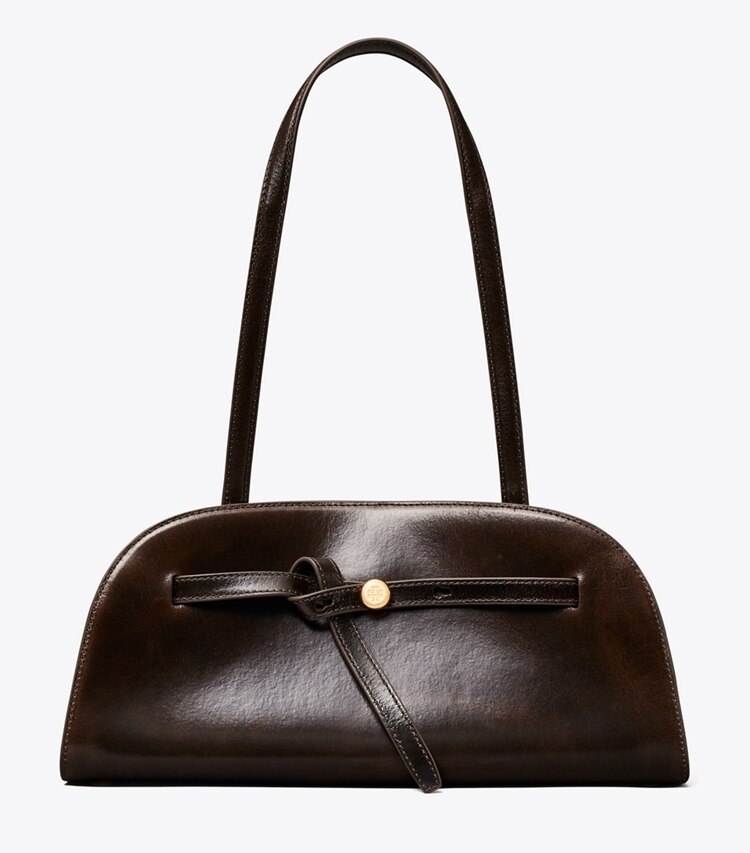 Tory Burch designer schultertaschen Romy Bauletto im Querformat mit Used-Look in Dark Brown front