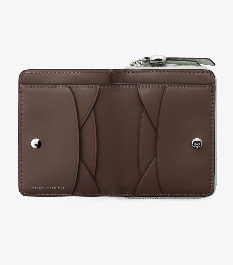 Tory Burch designer 財布 ロミー バイフォールド ウォレット in Light Green オーバーヘッド