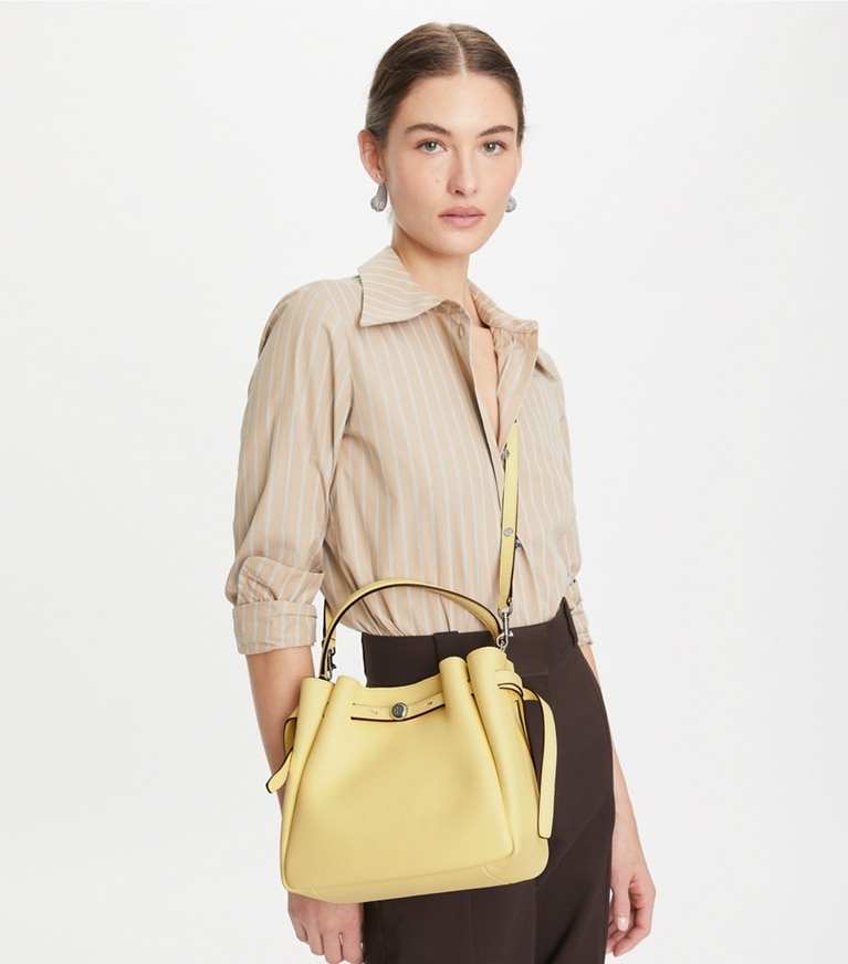 Tory Burch designer crossbody bags Romy Bucket Bag in Lemon angle