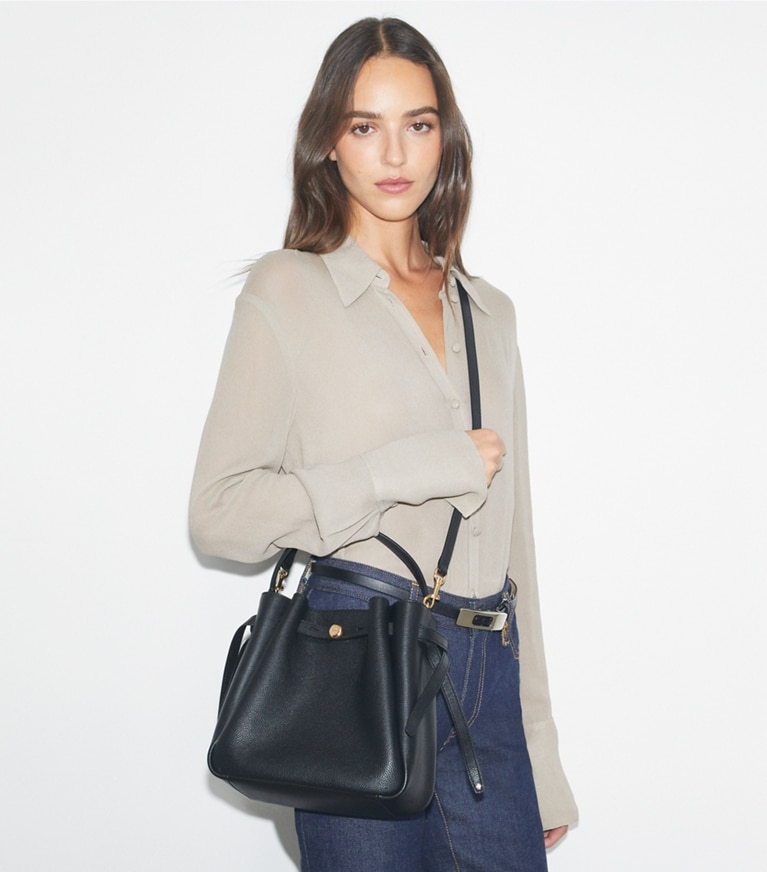 Tory Burch designer crossbody bags Romy Bucket Bag in Black angle