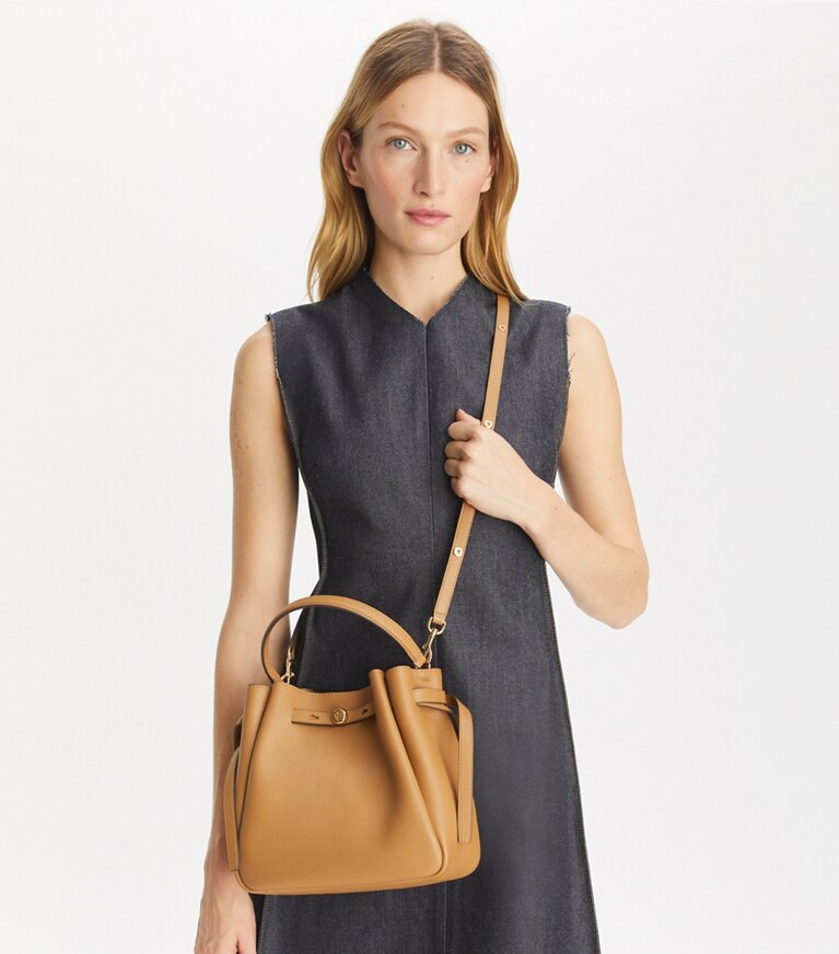 Tory Burch designer crossbody bags Romy Bucket Bag in Tiramisu angle