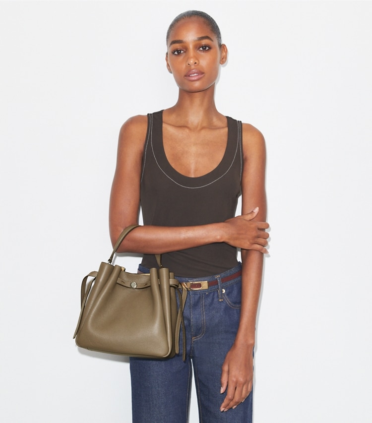 Tory Burch designer crossbody bags Romy Bucket Bag in Wild Mushroom additional on model
