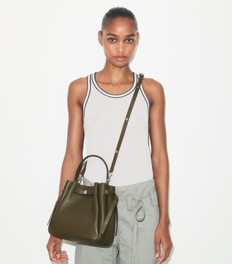 Tory Burch designer crossbody bags Romy Bucket Bag in Leccio additional on model
