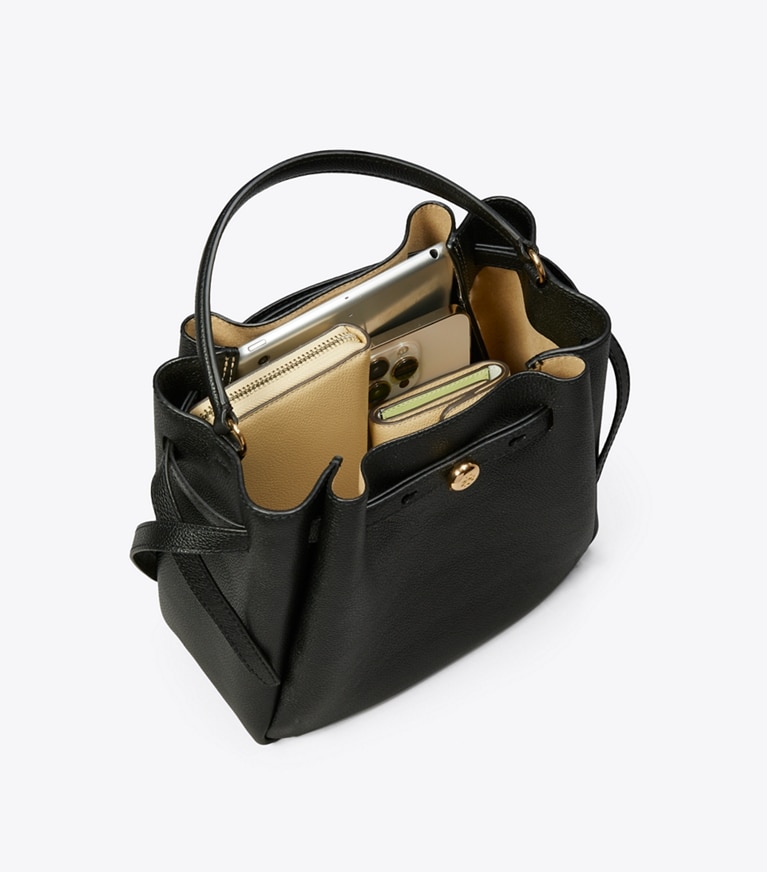 Tory Burch designer crossbody bags Romy Bucket Bag in Black angle