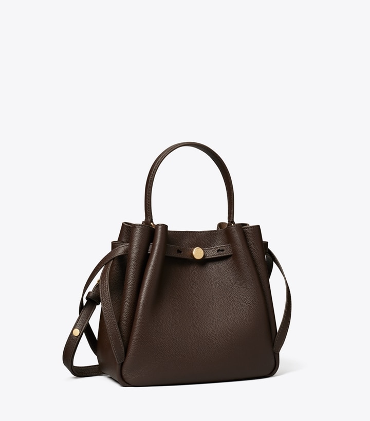 Tory Burch designer crossbody bags Romy Bucket Bag in Deep Brown angle