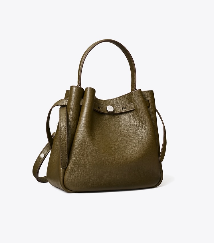 Tory Burch designer crossbody bags Romy Bucket Bag in Leccio angle