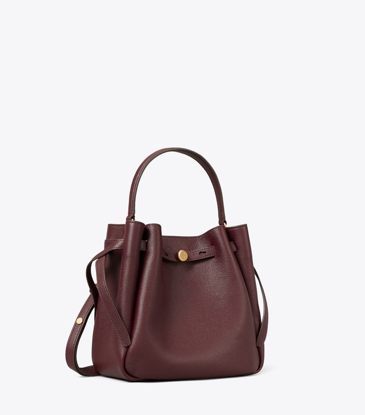Tory Burch designer crossbody bags Romy Bucket Bag in Dark Carmine angle