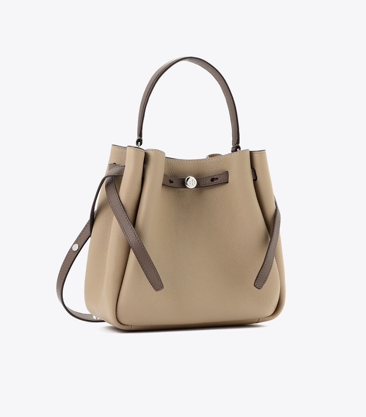 Tory Burch designer クロスボディバッグ ロミー バケットバッグ in Soft Cement / Wild Mushroom angle