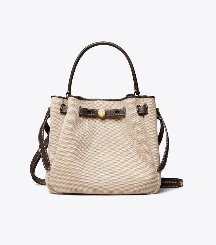 Tory Burch designer crossbody bags Romy Bucket Bag aus Canvas in Dusty Almond/ Bianco White front