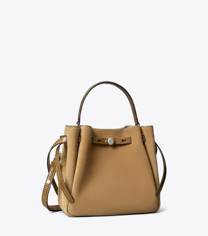 Tory Burch designer crossbody bags Romy Bucket Bag aus Wildleder in Stone angle