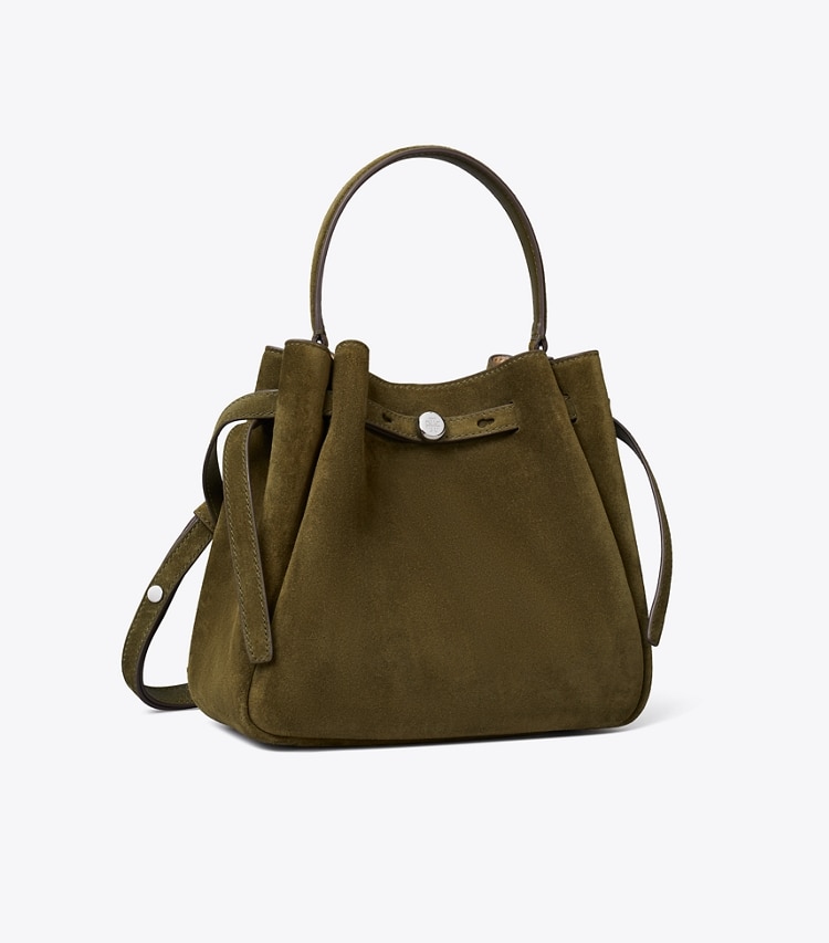 Tory Burch designer crossbody bags Romy Bucket Bag aus Wildleder in Dark Olive angle
