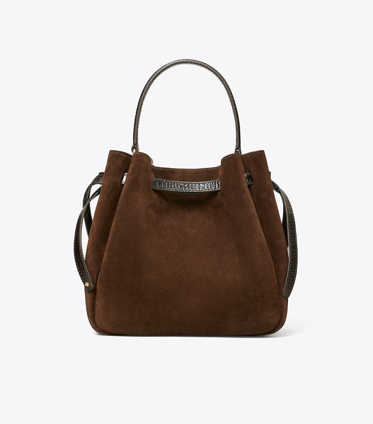 Tory Burch designer crossbody bags Romy Bucket Bag aus Wildleder in Dark Cocoa angle