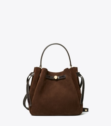 Tory Burch designer crossbody bags Romy Bucket Bag aus Wildleder in Dark Cocoa front
