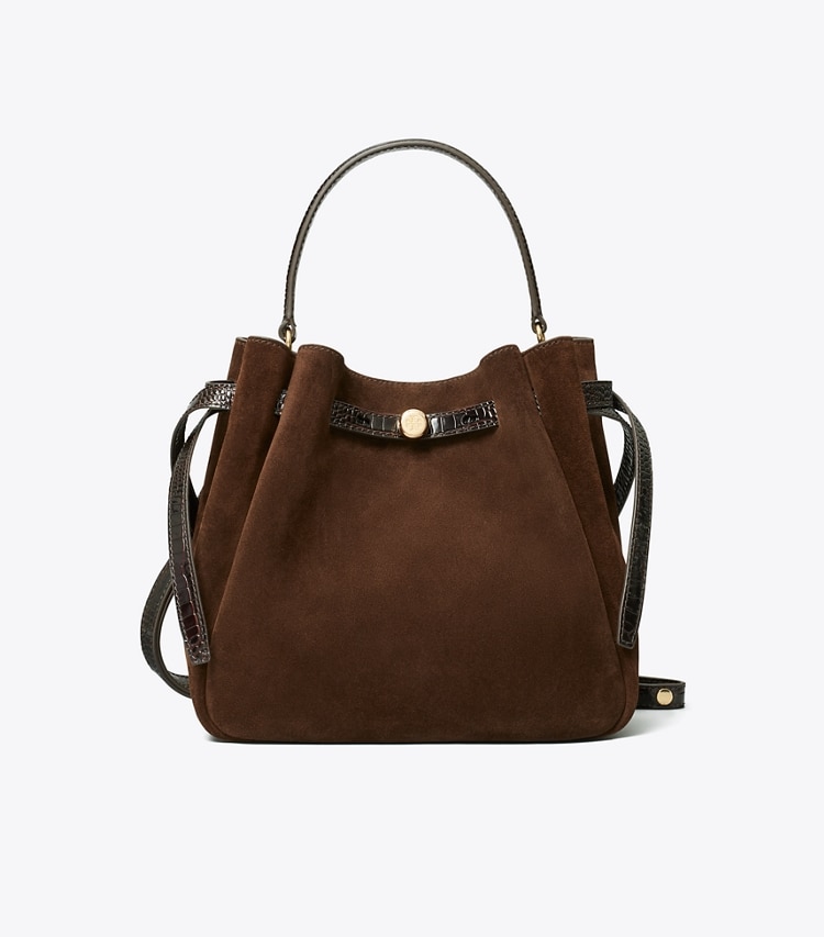 Tory Burch designer crossbody bags Romy Bucket Bag aus Wildleder in Dark Cocoa front