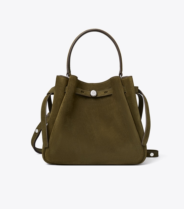 Tory Burch designer crossbody bags Romy Bucket Bag aus Wildleder in Dark Olive front